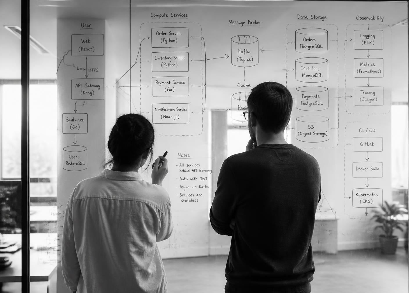Two engineers reviewing a system architecture diagram drawn on a glass wall
