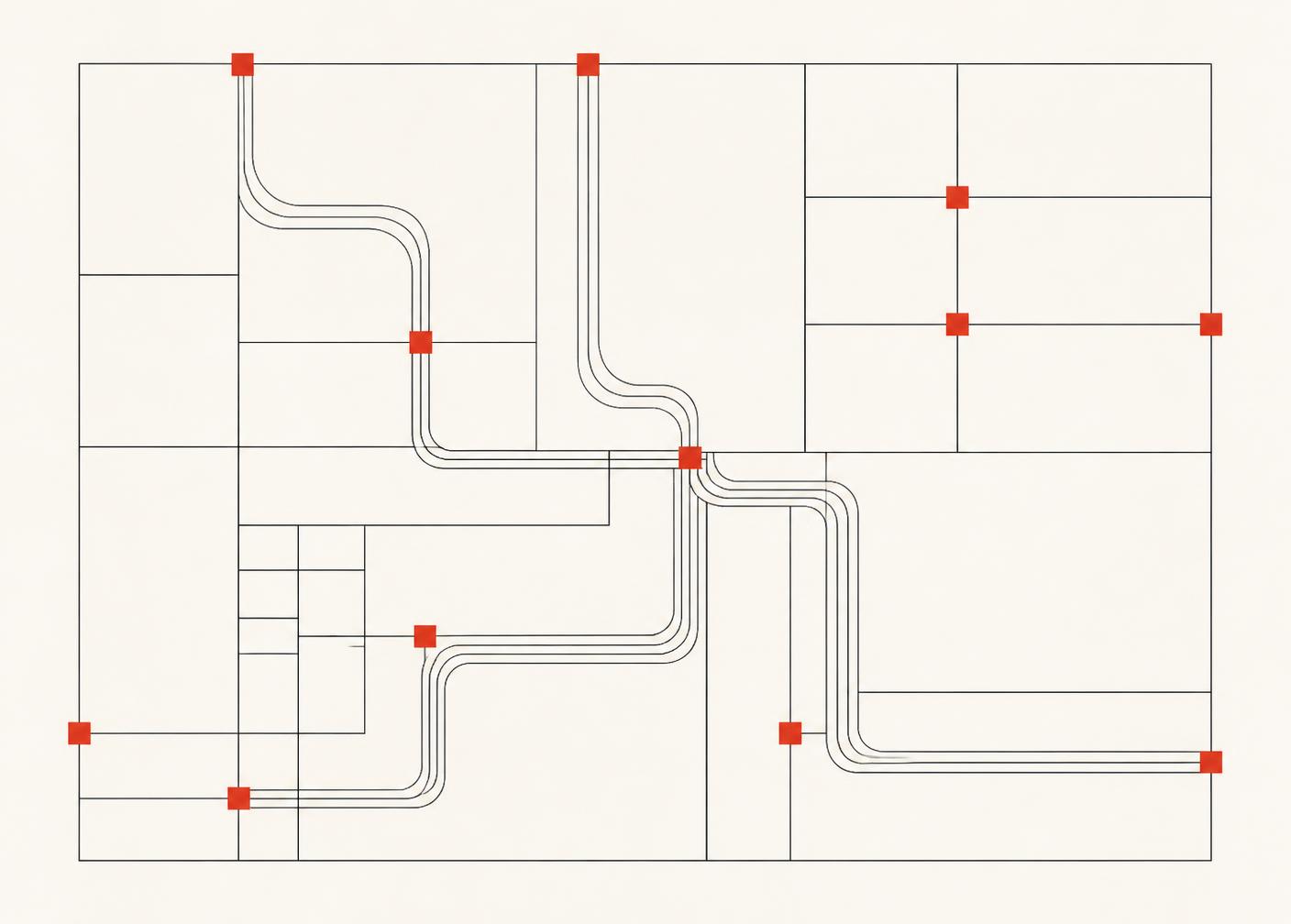 Geometric diagram of data pipelines routing between grid nodes