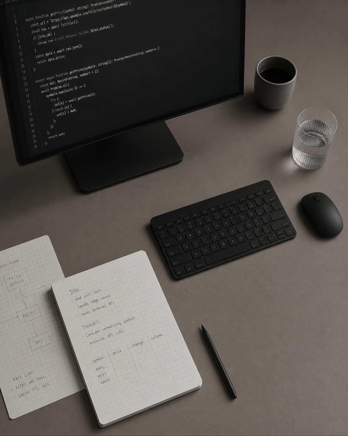 Developer workstation seen from above with code on screen beside handwritten architecture notes